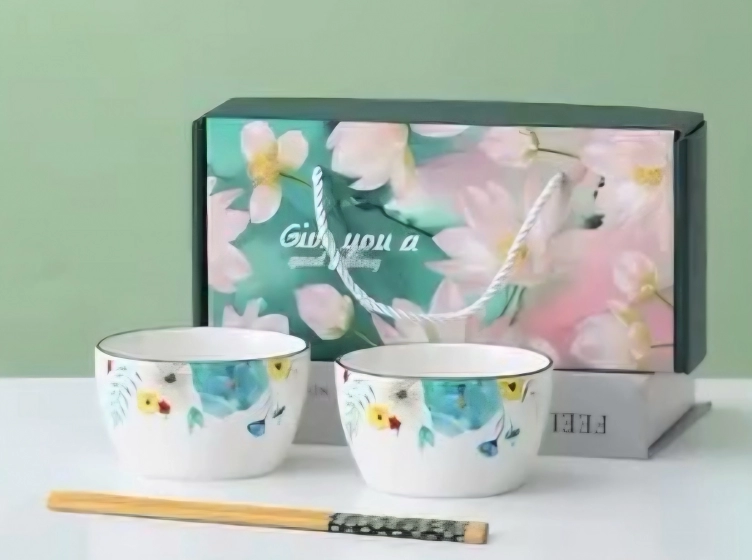 Floral Pattern Ceramic Bowl & Chopsticks Gift Set